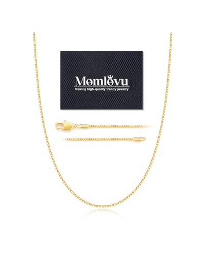 Momlovu Solid 18K Gold Over 925 Sterling Silver Chain Necklace for Women, 1MM Box Chain Hypoallergenic Replacement Necklace Chain Thin Women's Chain Necklaces 14/16/17/18/20/22/24/26 Inch