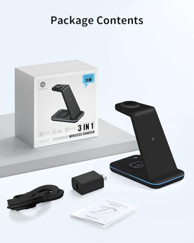 Image of Wireless Charger for iPhone Charging Station: 3 in 1 Phone Charger Stand for iPhone 17 /16 /15 /14 /13 /12 /11 /SE /X Pro Max Plus - Apple Watch 11 /10 /9 /Ultra 2 /8 /SE /7 /6 /5 - AirPods 4 /Pro 2 /3