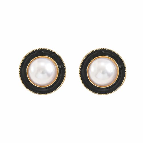 Vintage Black Enamel & Pearl Stud Earrings for Women - Retro Gold Tone Round Button Statement Earrings, Classic 60s Inspired Geometric Jewelry Gift for Her Wife Mom (0063-Pearl Earrings)