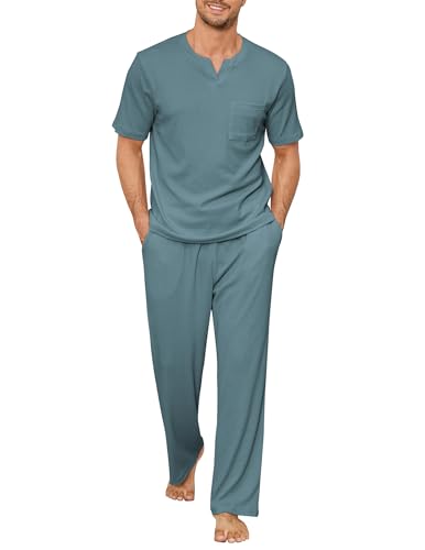 Image of JiniGolla Mens Pajamas Set Soft Short Sleeve Top and Pant Loungewear Sets 2 Piece Pjs with Pockets