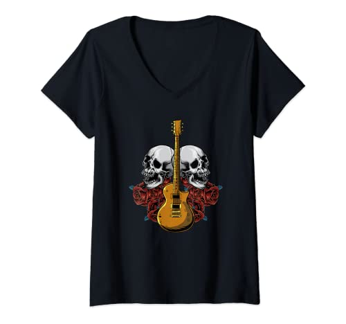 Womens Electric Guitar Skull Red Roses - E-Guitar Rock Guitarist V-Neck T-Shirt, Black