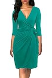 Berydress Women's Classic 3/4 Sleeve V Neck Sheath Casual Party Work Faux Wrap Dress(L, 6083-Turquoise)