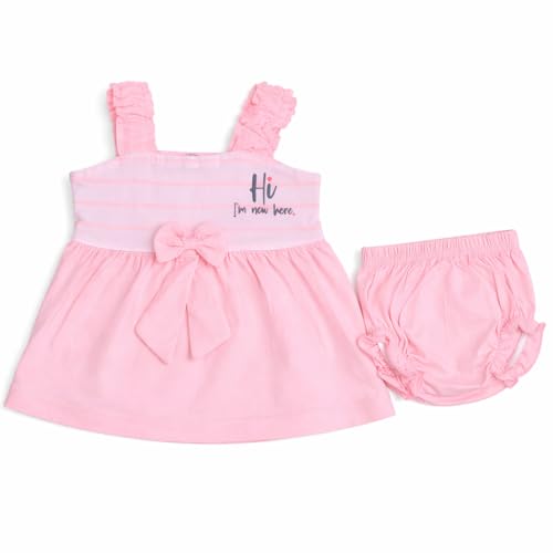 Image of Baby Girls Frock Dress with Bloomer Set | Short Sleeve Polka Dot Inner Layer & Bow Detail Special for 0-6 Months