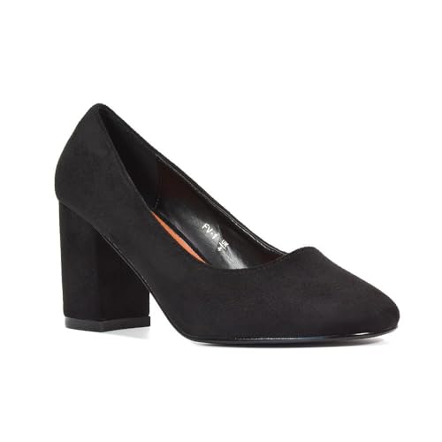 Women's Court Shoes Ladies Classic Round Toe Dress Shoes Black Faux Suede Office Party Block Heel Pumps Size 6