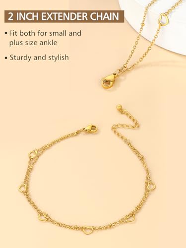 Image of FindChic Black /Silver /Gold Plated Anklets Set of 2PCS /3PCS Herringbone Chain Cuban Link Heart Charm Sparkling Tennis Ankle Bracelets, Waterproof Summer Foot Jewelry for Beach