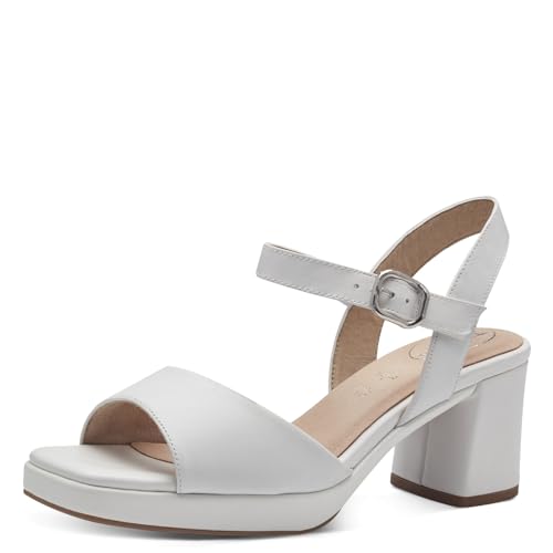Tamaris Comfort Damen Sandalen mit Absatz aus Leder mit verstellbarem Riemen, Weiß (White Nappa), 37 EU