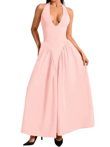 Image of ChiaoLezhee Deep V Neck Dress, Halter Maxi Dresses, Vacation Date Night, Sexy for Women Corset Flowy Wedding Guest Drop Waist