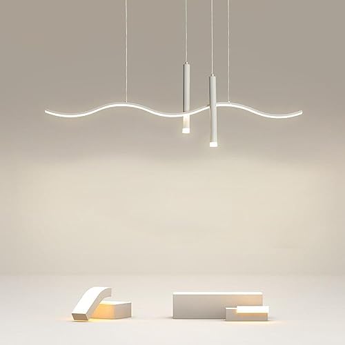 QHQQXN Dimming Linear Chandeliers for Dining Room White Long Wave Pendant Light with Spot Light Metal Iron Kitchen Island Ceiling Hanging for Living Room Office Warm Cool White