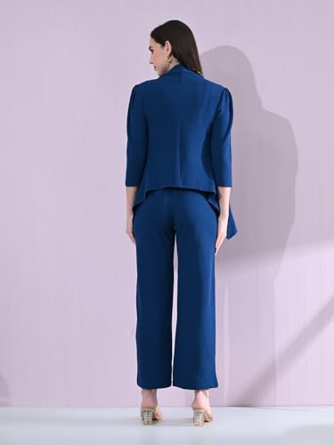 Image of Women's Solid Relaxed Fit 3 /4 Sleeve Cotton Blend Co-ord Blazer and Trouser Set
