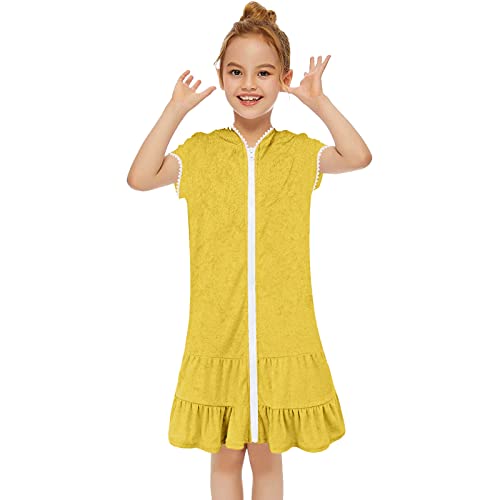 Girls Swim Cover Up Kids Toddler Terry Swimsuit Coverup Beach Pool Swimwear Short Sleeve Hooded Ruffle Dress