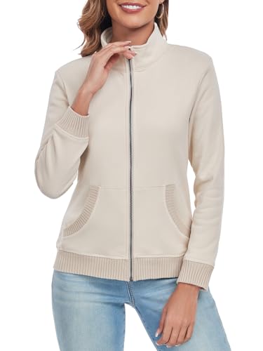 Women's Zip up Sweatshirt Jacket Stand Collar Long Sleeve Sweater Ribbed Knit Hem Jacket with Pocket3