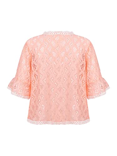 Youth Girls Floral Lace Bolero Shrug Top Middle Sleeve Tie Front Elegant Cardigan Sweater Ruffled Hem Dress Cover Up2