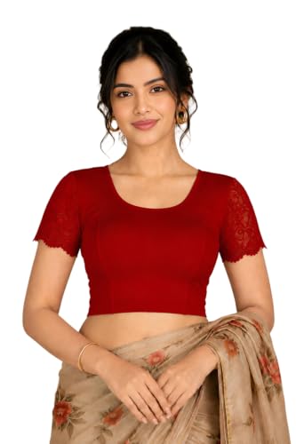 Image of Abhi Cotton Readymade Saree Blouse for Women- Half Net Sleeves, Round Neck, Regular-fit, Stretchable, Pull-on Style Blouse