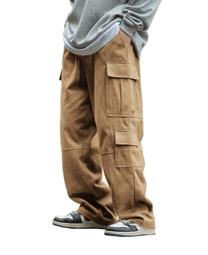 THWEI Mens Cargo Pants Drawstring Elastic Waist Casual Baggy Pant Streetwear Multi Pockets Khaki 2XL