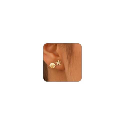 Image of Gold Earrings for Women - 2 Pairs 14K Gold Plated Small Shell Starfish Earrings, Gold Stud Earrings Set Summer Beachy Jewelry for Women Gifts