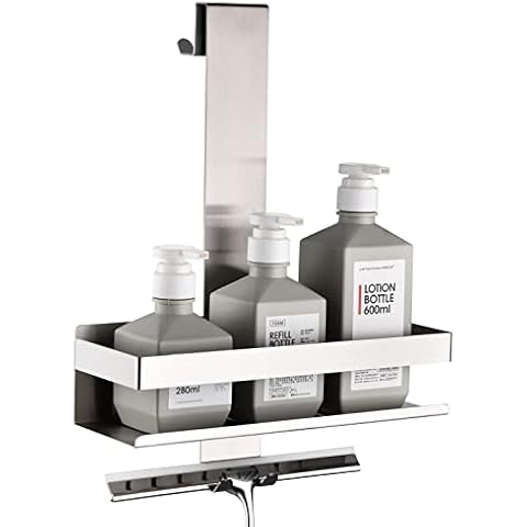 HomeHeng Shower Caddy Hanging, Bathroom Rustproof Hanging Basket with Hooks, Stainless Steel Shower Shelf for Hanging Glass Shower Enclosure Brushed Nickel without Drilling Cover