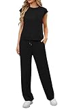 GRECERELLE Zweiteiler Trainingsanzug Damen Sommer Outfits Tracksuit Kurzarm Lässige Crew Neck Cap Sleeve Tops und Jogginghosen Trainingsanzüge mit Taschen (Schwarz, L)