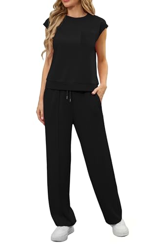 GRECERELLE Survêtement deux pièces Femmes Tenues d'été Ensemble Casual Crew Neck Cap Sleeve Tops et jogging Survêtements avec poches (Noir, L)