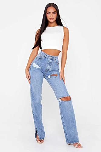 MBLESSEDTO Women's high Waist and Slim Straight Denim Trousers with Holes and Flared Trousers3
