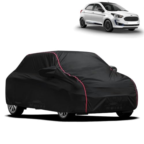 Image of Waterproof Car Cover for Ford Figo Aspire | All-Weather Protection, Dustproof & UV Resistant | Triple Stitched Mirror Pockets, Windproof Buckle Strap with Elastic Hem, Black-Red Piping