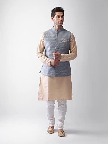 Image of KISAH Men's Cream Jacquard Silk Blend Nehru Jacket- Traditional Indian Waistcoat for Weddings & Royal Parties
