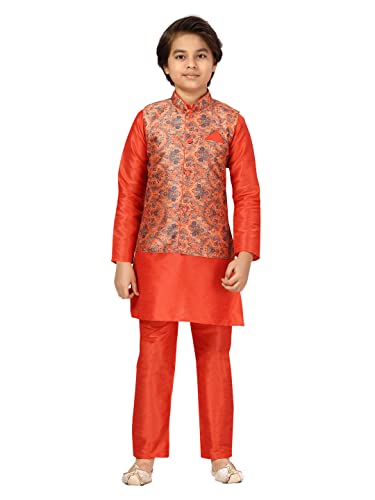 Image of Aarika Boys Orange Color Sherwani With Pyjama & Waistcoat