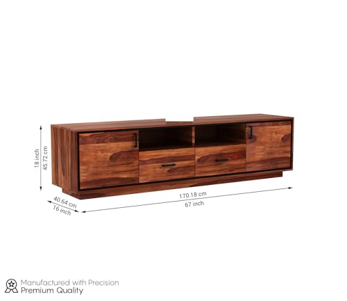 Image of Solid Wood TV Unit for Living Room 65 Inch Furniture - Wooden TV Unit with Storage Cabinet with 2 Drawr, 4 Shelves Wooden TV Cabinet for Living Room - Fits up to 65-Inch TV (Aaron)