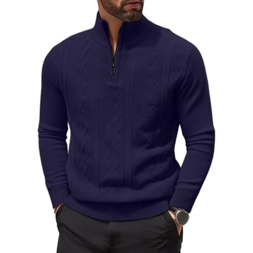 Mens 1/4 Zip Knit Sweater Casual Turtleneck Long Sleeve Slim Fit Twist Patterned Cable Pullover