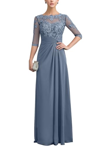 Women's Lace Mother of The Bride Dresses for Wedding Chiffon Ruched Long Formal Evening Dress with Sleeves4