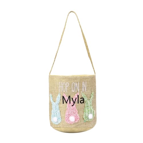 Lovejewelry Personalized Easter Bunny Basket with Custom Name Pink Large Easter Bucket for Girls Cute Easter Baskets Empty for Carrying Gift Easter Eggs Hunt Bag (Pink and White)