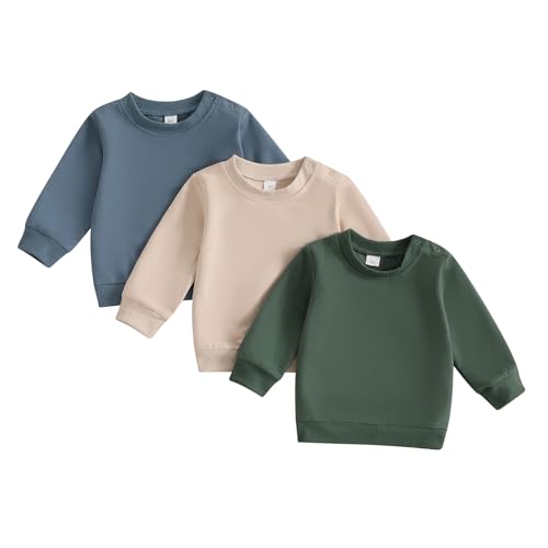 3-Pack Unisex Toddler Baby Boy Girl Crewneck Sweatshirt Shirt Long Sleeve Pullover T-shirt Tops Solid Color Clothes