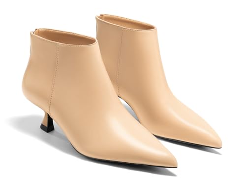 Image of Coutgo Womens Kitten Low Heel Booties Pointed Toe Short Ankle Boots Back Zipper Fall Shoes