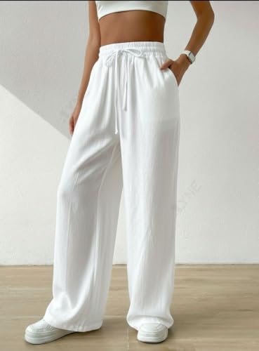 Image of ALYNE Women's Wide Leg Pants High Waisted Linen Look Textured Blend Drawstring Palazzo Trousers with Pockets Casual Relaxed Fit Flowy Soft Comfort Long Pants