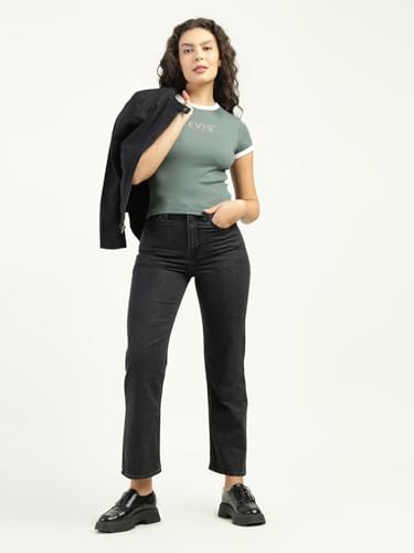 Image of Women's High Rise Ribcage Slim Straight Fit Black Jeans