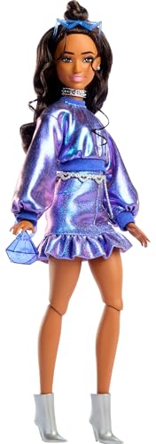 Barbie Deluxe Style Doll #7 in Metallic Blue Top and Skirt, Wavy Brown Hair, Accessories Like Silvery Jewelry, Crystal Handbag and Sunglasses