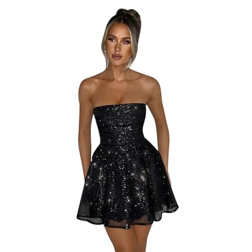 AIBEARTY Women's Sexy Glitter Off Shoulder Mini Dress Shiny Strapless Pleated A Line Dress for Party Club2