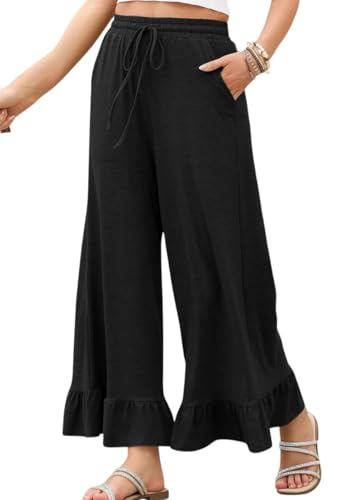 Womens Wide Leg Pants Drawstring Elastic High Waist Ruffle Hem Palazzo Pants Casual Beach Trousers with Pockets
