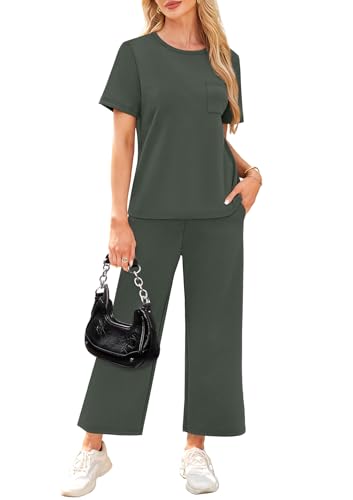 Image of WIHOLL 2 Piece Sets for Women Casual Summer Travel Vacation Outfits Short Sleeve Wide Leg Crop Pants Lounge Sets