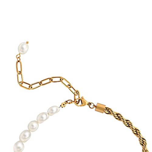 Half Pearl Half Chain Necklace, 18K Gold Plated Stainless Steel Twisted Rope Chain, Freshwater Pearl Stack, Vintage Style Hypoallergenic Necklace for Women3