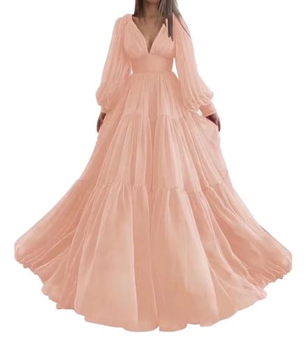 Long Sleeve Tulle Prom Dresses V Neck Puffy Formal Evening Party Gown for Women Princess Wedding Dress