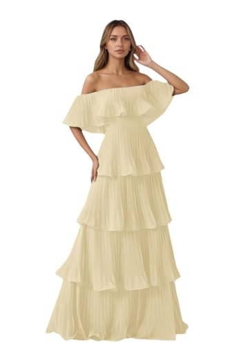 Chiffon Off Shoulder Bridesmaid Dresses 2025 Pleated Tiered Dress for Women Wedding Guest Prom Dress with Ruffle