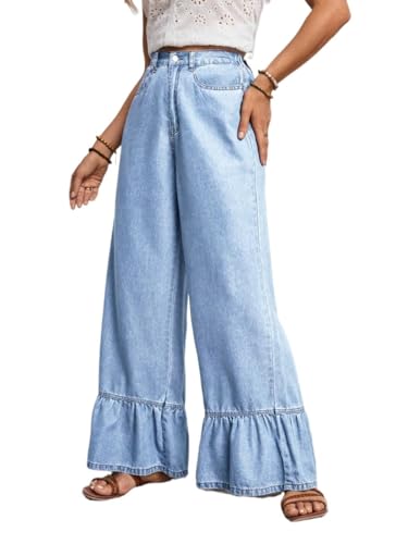 Women's Mid-Rise Jean Casual Ruffled Hem Wide Leg Jeans