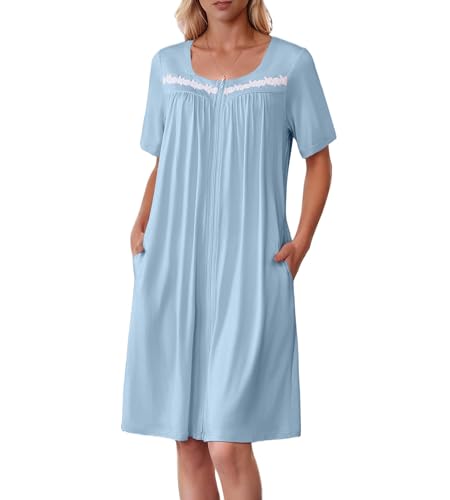 Image of Ekouaer Women Zipper Robe Short Sleeves House Coat Zipper Front Bathrobe Sleepwear with Pockets Housecoat Nightgown