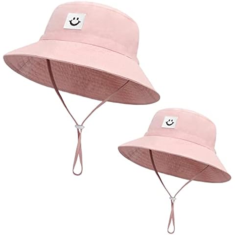 Asufegucd 2Pcs Parent-Child Sun Hat,Smile Face UPF 50+ Toddler Bucket Hat for Mother&Baby Boys Girls Beach Hat (9 Months, 24 Months) Pink Cover
