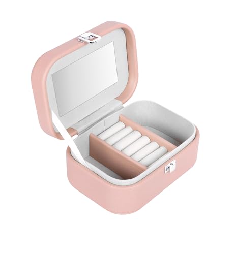 Image of BucketList PU Leather Jewellery Organizer Box with Mirror | Travel-Friendly Jewelry Storage Case with Ring Slots & Secure Lock (Travel Jewellery Box with Mirror (Pink))