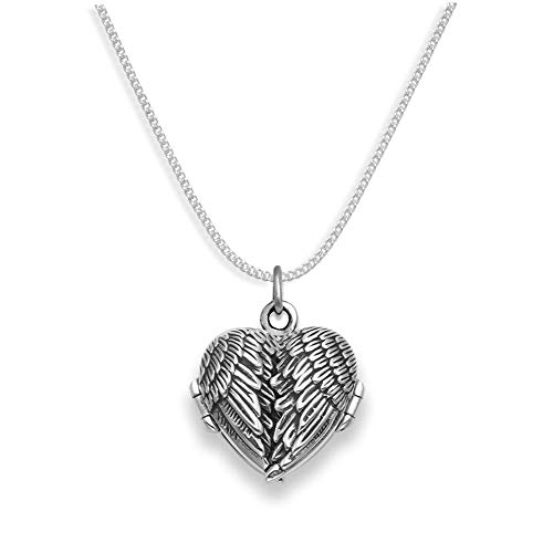 Image of Genuine 925 Sterling Silver Angel wings locket Necklace on 18" silver chain 1.5mm thick - SIZE: 19mm x 23mm (inc. pendant ring) - Gift Boxed. 8017/8501/18