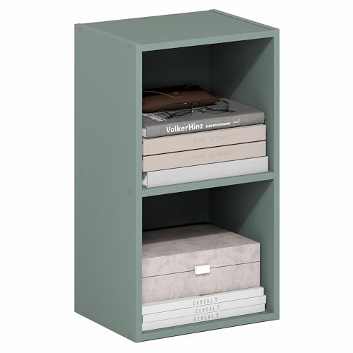 Image of Furinno PASIR Book Shelf, 2-Tier Modern Bookshelf, Open Shelves Bookcase 9 x 12 x 21, Easy Assembly, for Living Room, Bedroom, Home Office, Sage Green