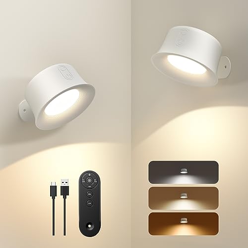Image of Wall Lights,LED Wall Sconces Set of Two with 3200mAh Rechargeable Battery 3 Colors Brightness Dimmable Touch and Remote Control,Cordless Wall Mounted Reading Lamp Light for Home Bedroom,White 2 Pack
