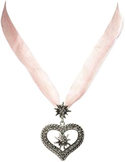 Costume Necklace Organza Ribbon with Rhinestone Edelweiss Heart - Women's Dirndl Necklace with Crystal Stones, Heart Organza Chain Edelweiss for Traditional Blouse, Dirndl Jewellery for Oktoberfest (in Traditional Colours)