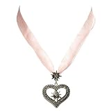 Trachtenkette Organzaband mit Strassedelweissherz - Damen Dirndlkette mit Kristallsteinen, Herz Organzakette Edelweiss für Trachtenbluse und Lederhose, Dirndl-Schmuck fürs Oktoberfest (rosé)